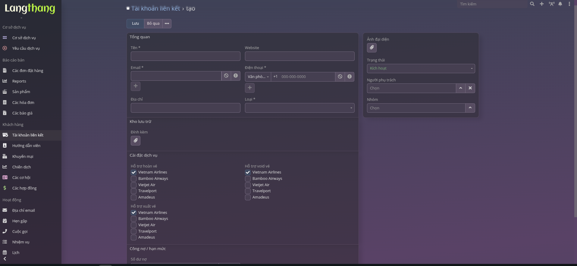 Khởi tạo tài khoản liên kết