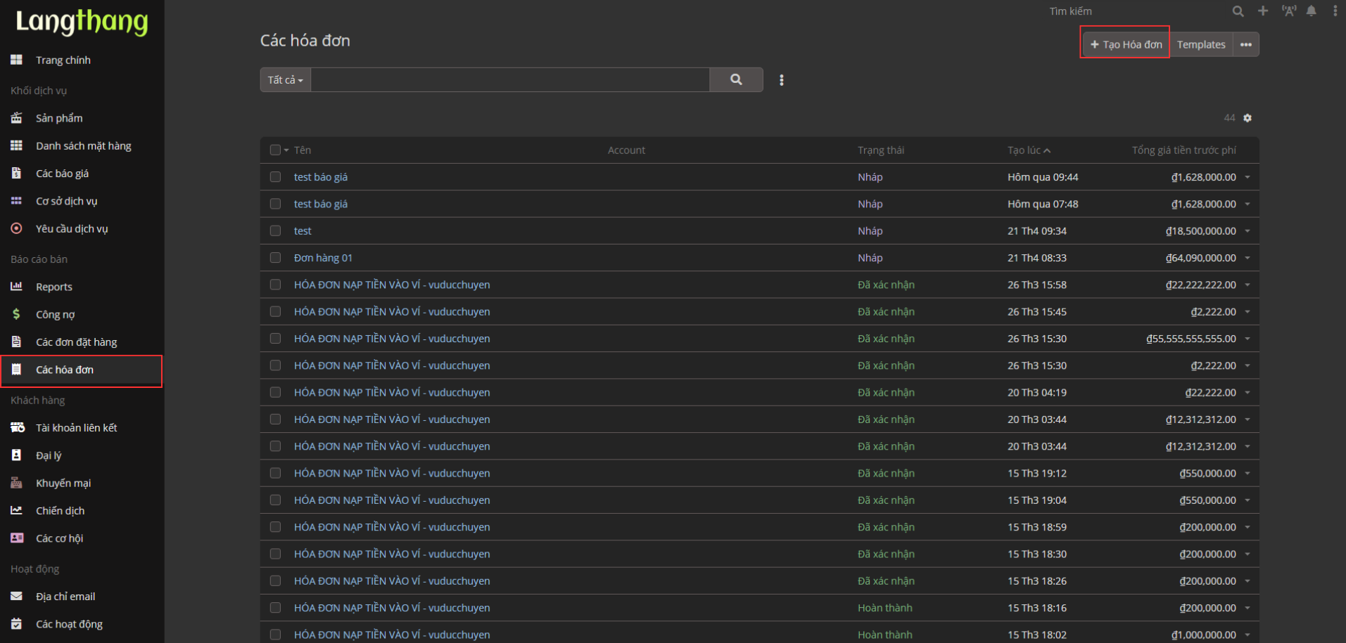 Danh sách hóa đơn