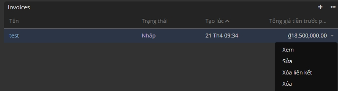 Các chức năng trong danh sách hóa đơn