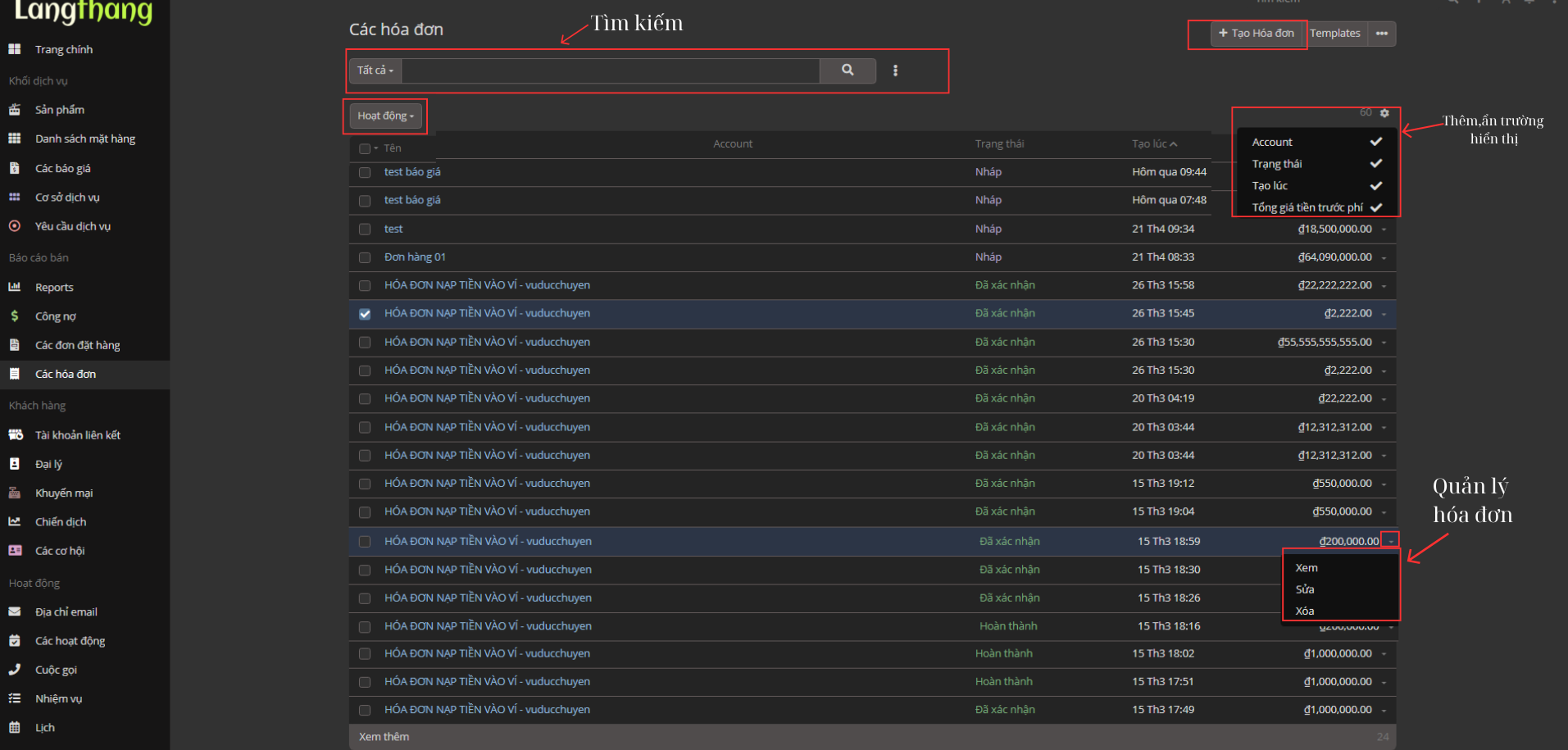 Các chức năng trong danh sách hóa đơn