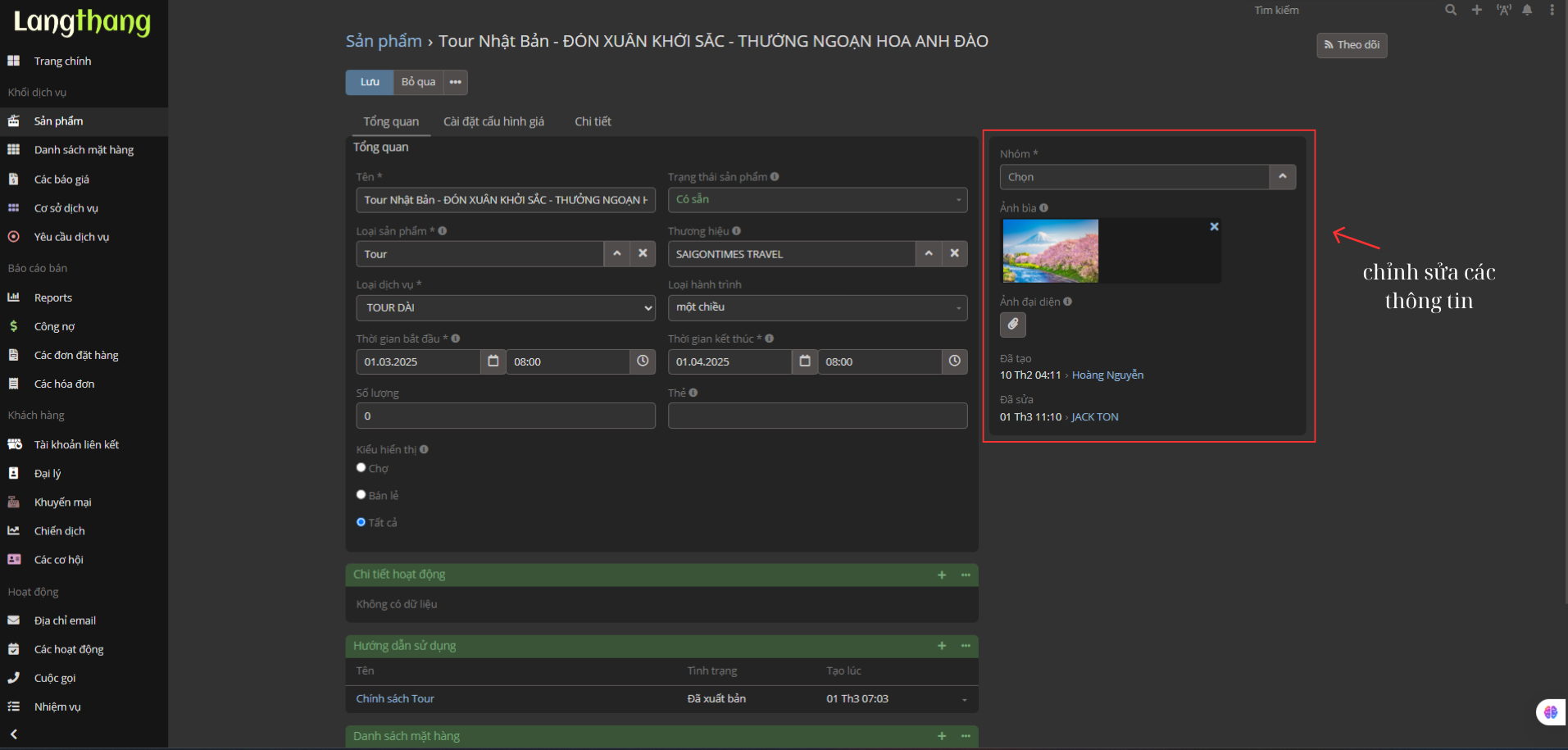 Màn hình tạo sản phẩm