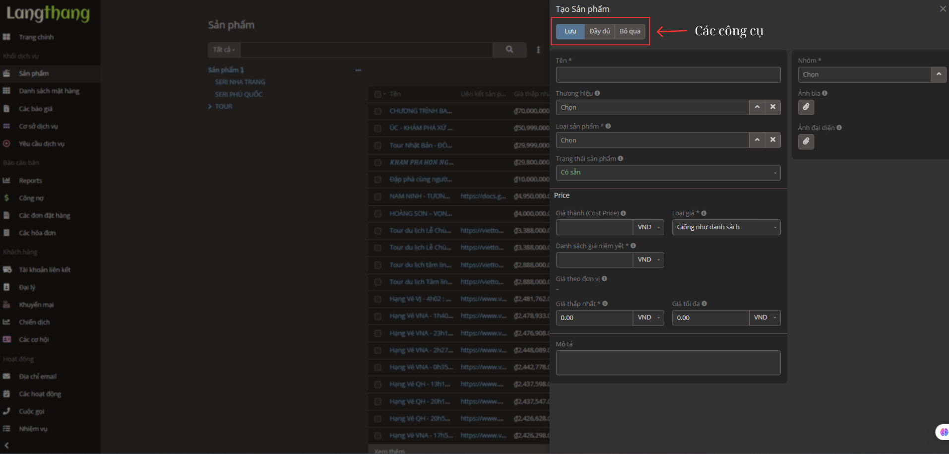 Màn hình tạo sản phẩm