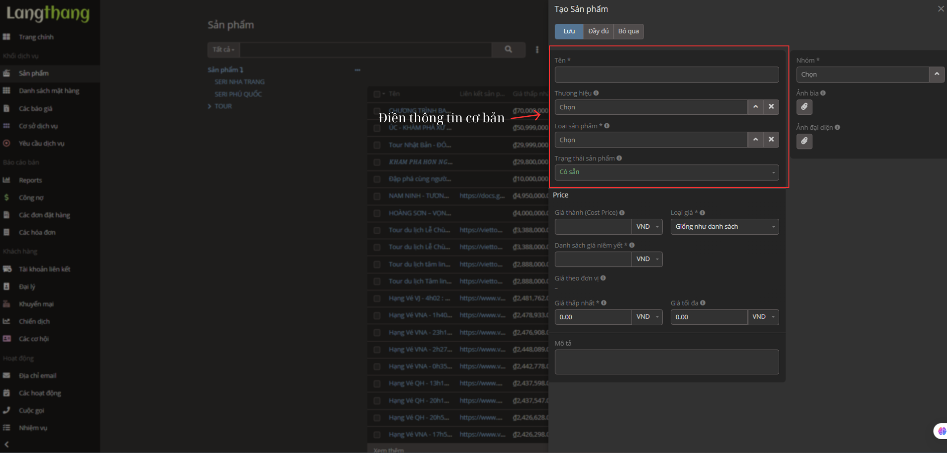 Màn hình tạo sản phẩm
