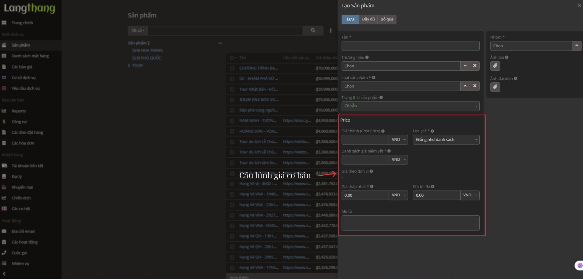 Màn hình tạo sản phẩm