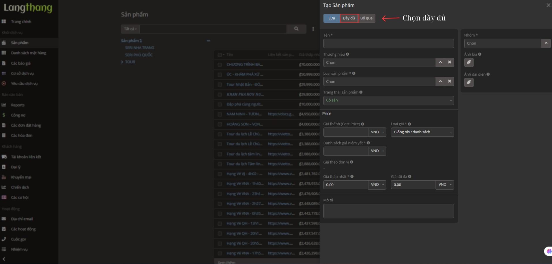 Màn hình tạo sản phẩm