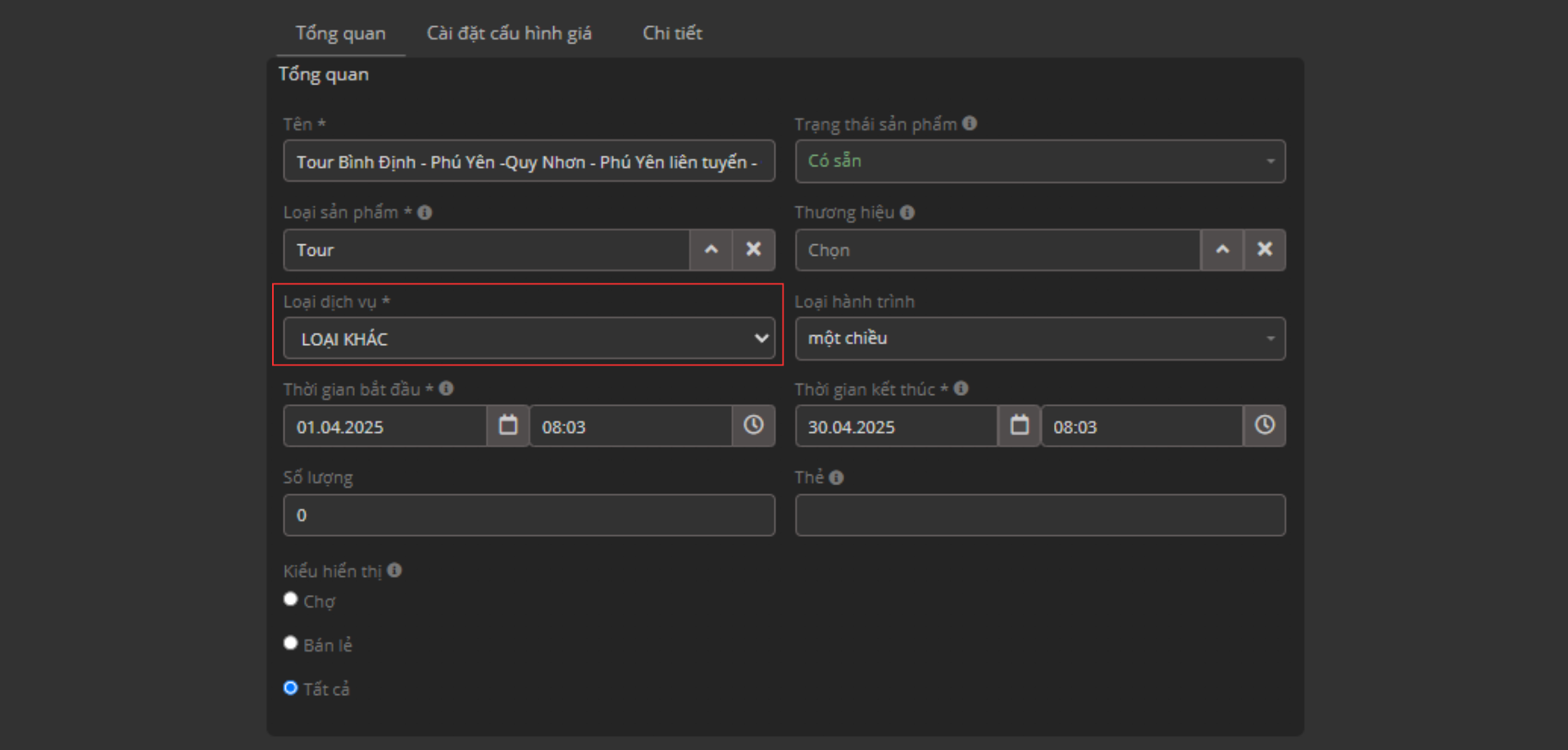 Màn hình tạo sản phẩm