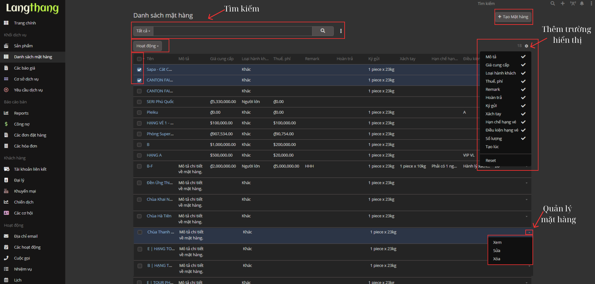 Các chức năng trong danh sách mặt hàng
