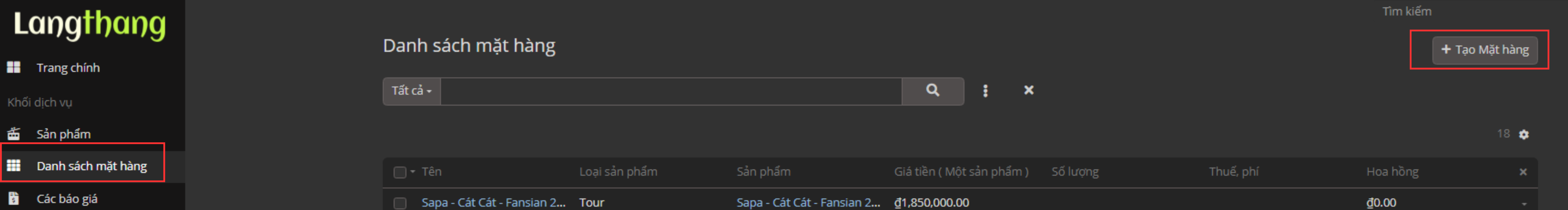 Danh sách mặt hàng từ sidebar