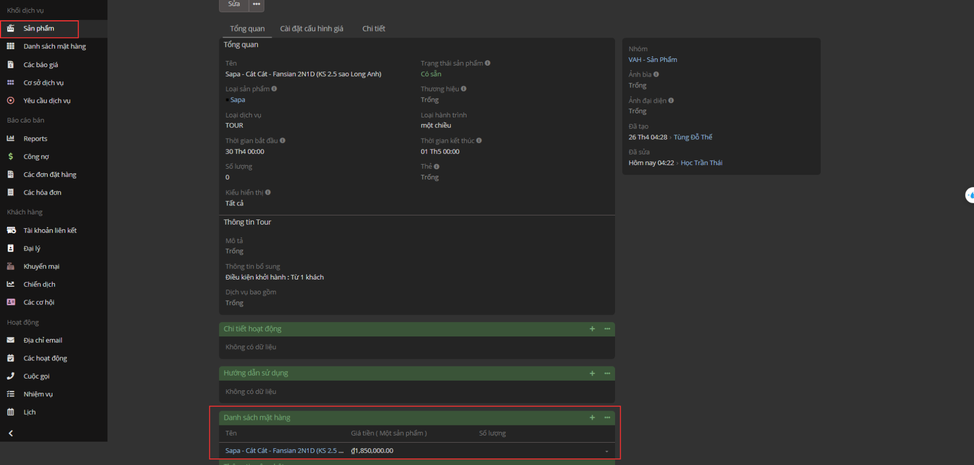 Danh sách mặt hàng từ sản phẩm