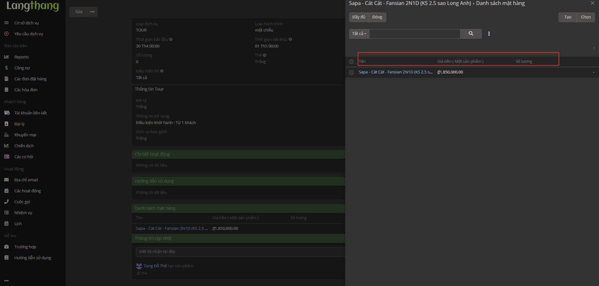 Các cột trong bảng mặt hàng