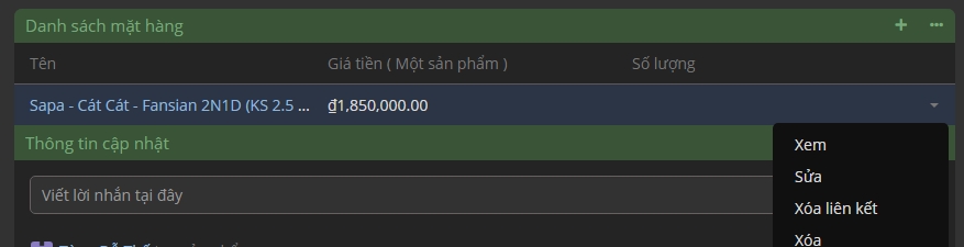 Danh sách mặt hàng từ sản phẩm