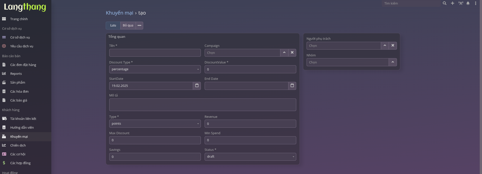 Khởi tạo khuyến mãi