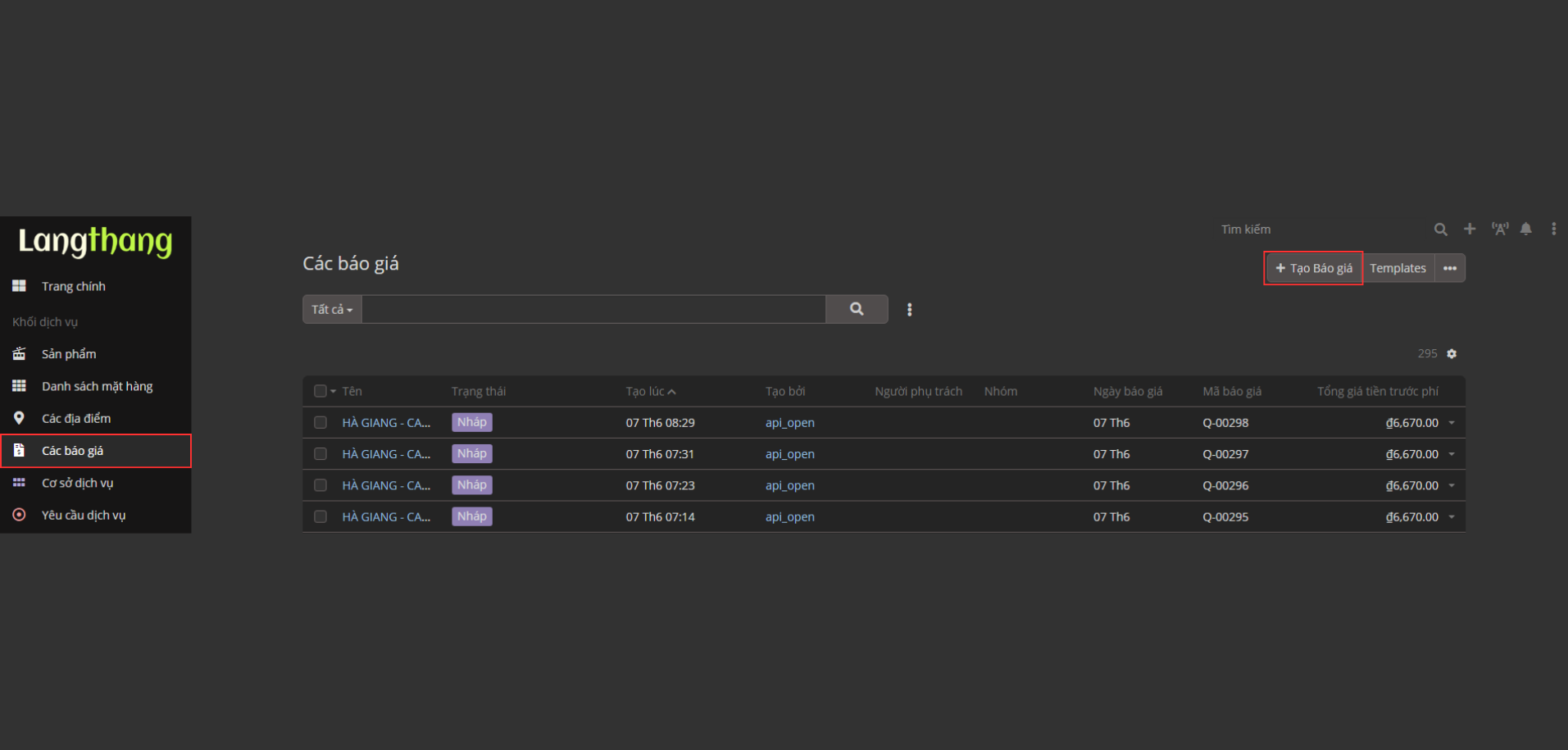 Danh sách báo giá