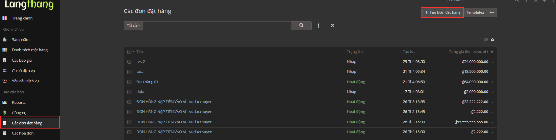 Danh sách đơn đặt hàng