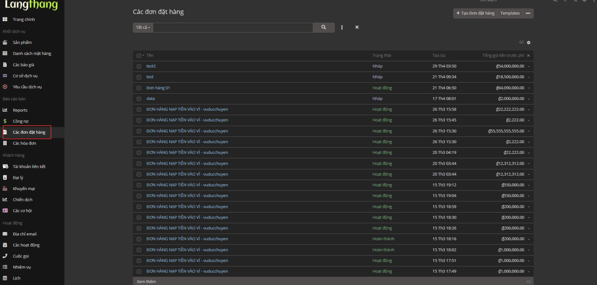 Các đơn đặt hàng