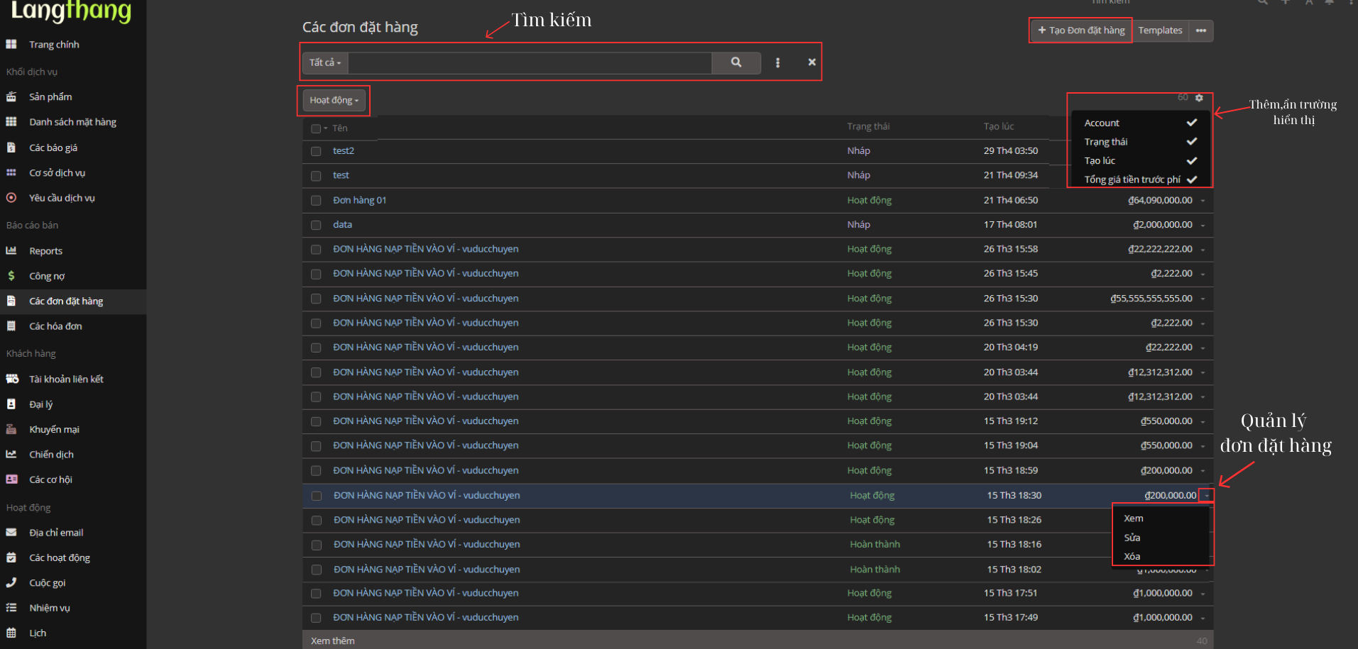 Các chức năng trong danh sách đơn đặt hàng