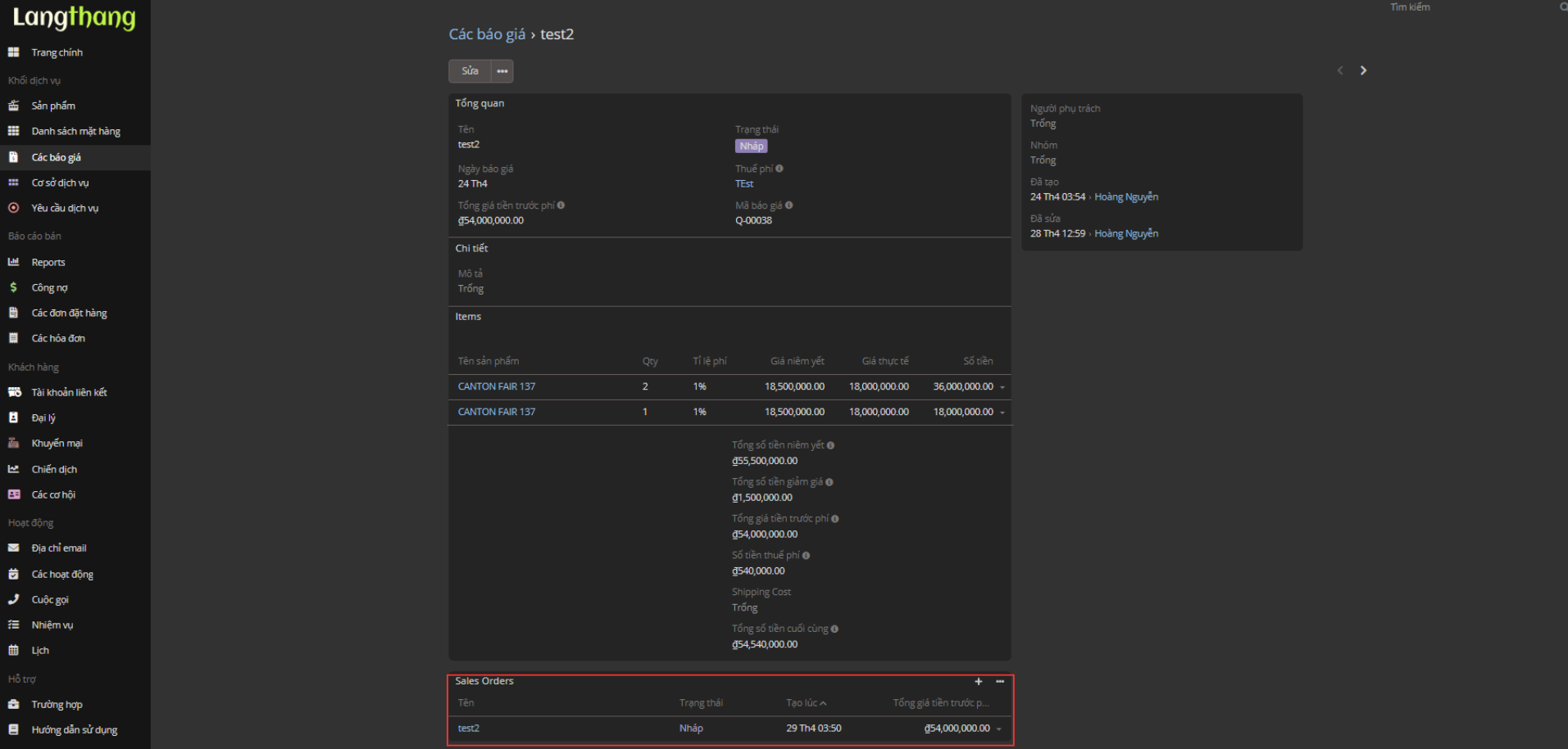 Các chức năng trong danh sách đơn đặt hàng