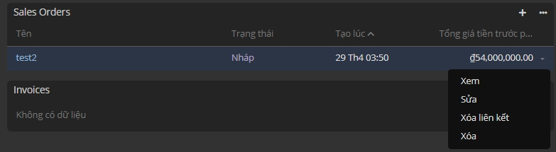 Các chức năng trong danh sách đơn đặt hàng