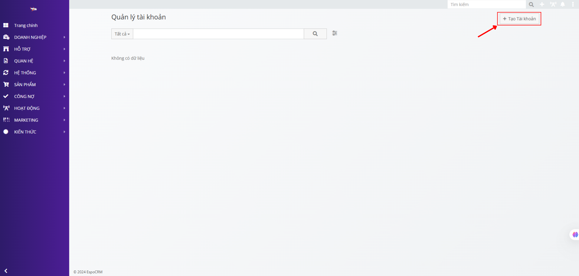 Chọn tạo tài khoản