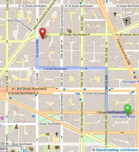 Map of a small section of Washington DC, showing a path from from an origin to a destination.